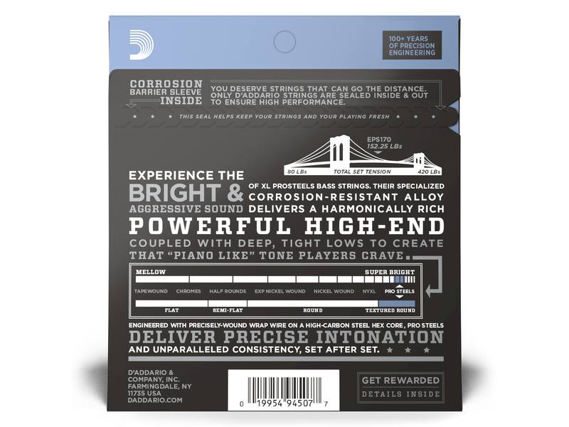 Daddario 45-100 Regular Light, Long Scale, XL ProSteels Bass Strings