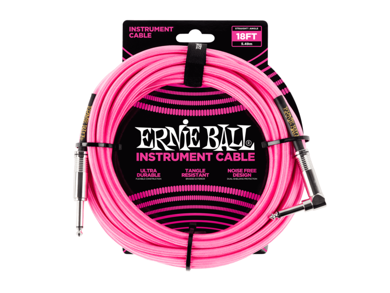 Ernie Ball 18ft/5.49m Braided Straight/Angle Cable-Neon Pink