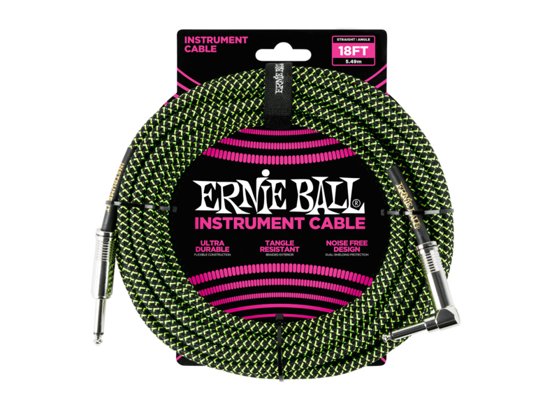 Ernie Ball 18ft/5.49m Braided Straight/Angle Cable - Black/Green