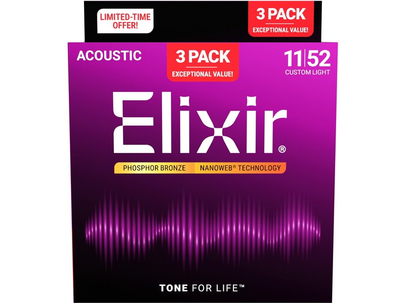 Elixir 3 Pack Nanoweb Phosphor Bronze Light 12-53