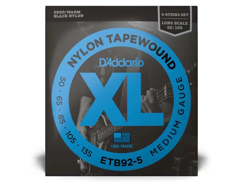 DAddario ETB92-5 Black Nylon Tapewound Bass Guitar Strings Medium 50-135 5 String Long Scale