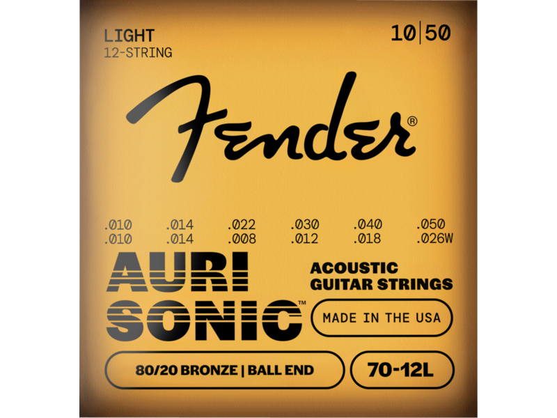 Fender AuriSonic 70-12L Acoustic Guitar Strings, 80/20 Bronze, 12-String, Gauges .010-.050 Gauges, (12)